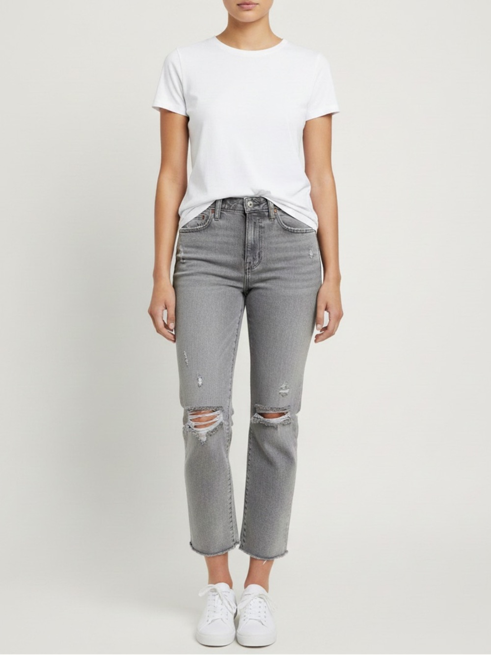 High-Rise Grey Cropped Distressed Jeans